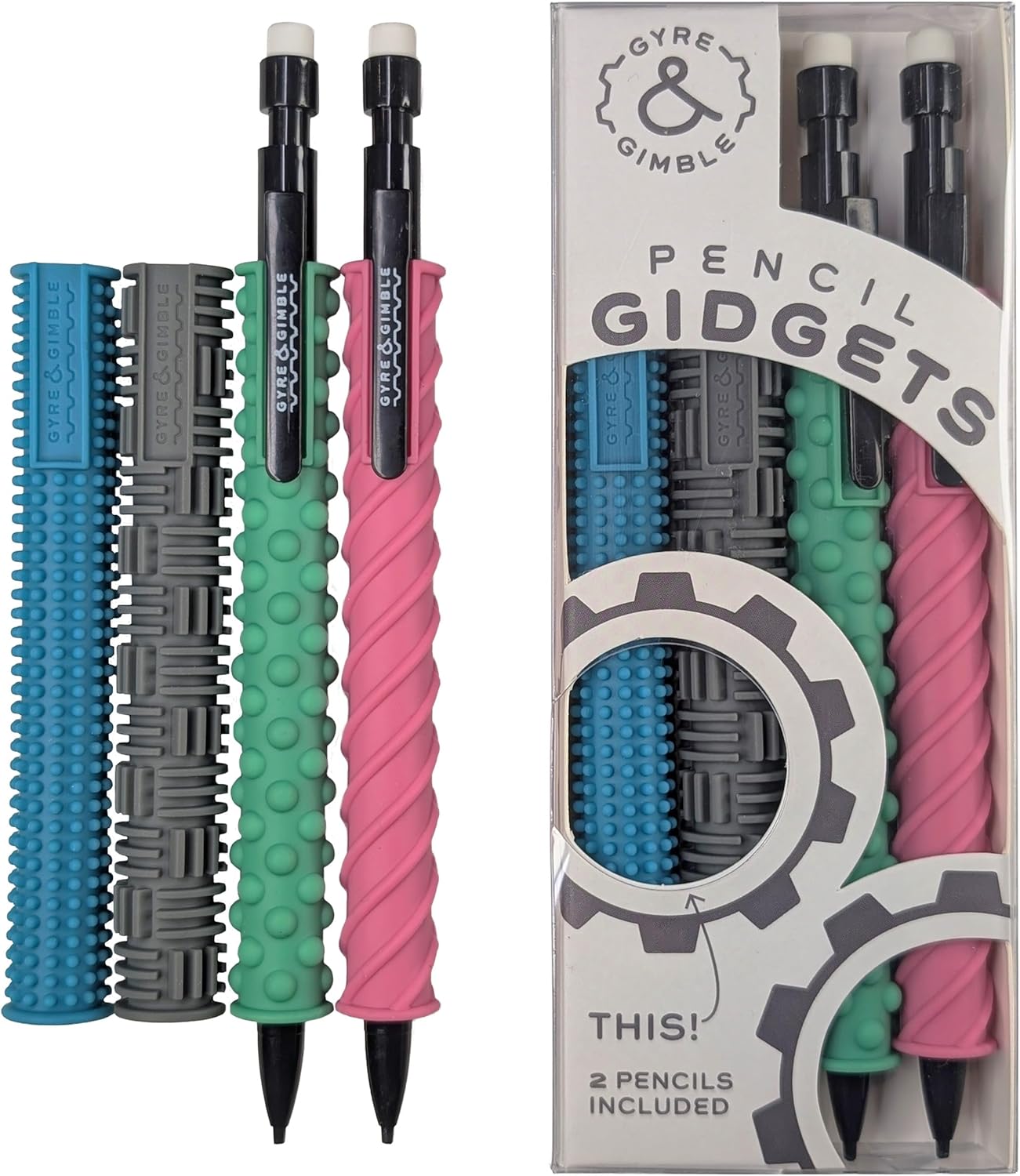 Mechanical Pencil Gidgets |Textured Silicone Pencil Sleeve for Quiet Fidgeting | 4 Sleeves & 2 Pencils