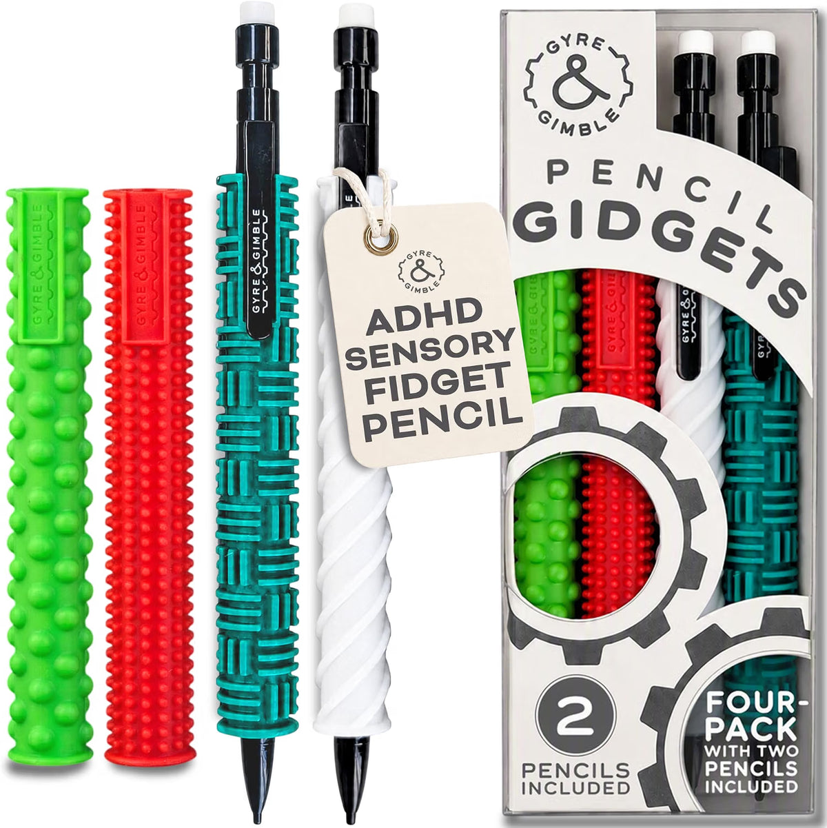 Mechanical Pencil Gidgets |Textured Silicone Pencil Sleeve for Quiet Fidgeting | 4 Sleeves & 2 Pencils