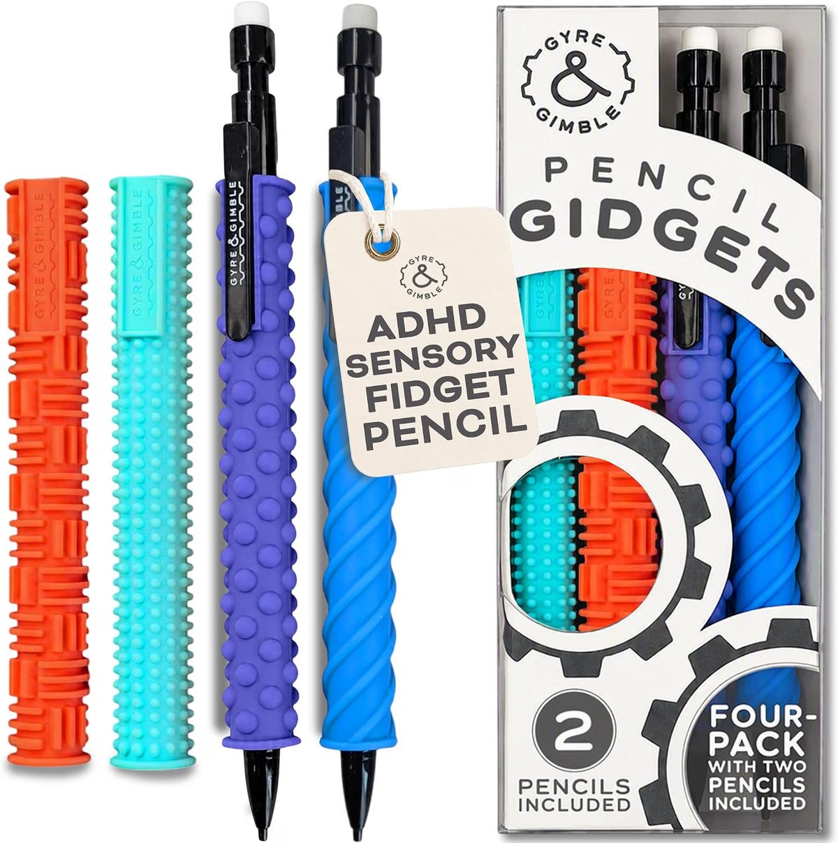 Mechanical Pencil Gidgets |Textured Silicone Pencil Sleeve for Quiet Fidgeting | 4 Sleeves & 2 Pencils