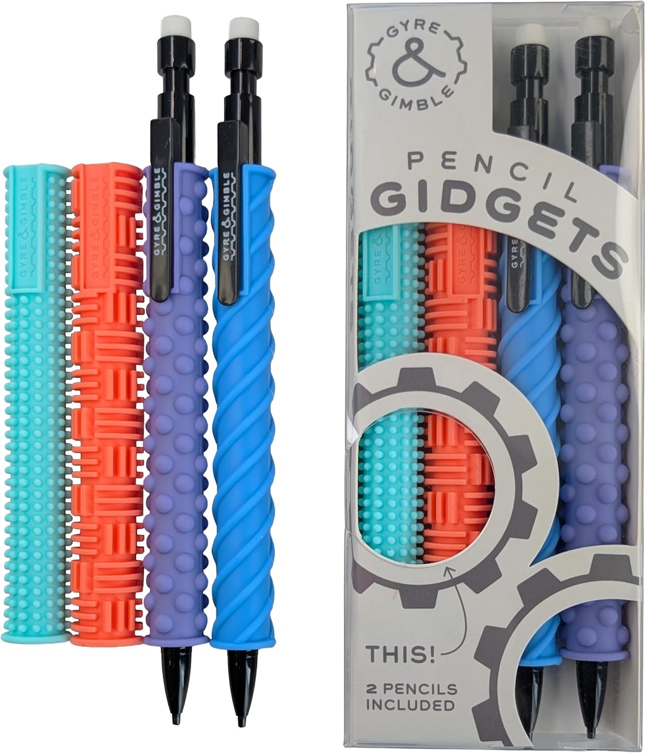 Mechanical Pencil Gidgets |Textured Silicone Pencil Sleeve for Quiet Fidgeting | 4 Sleeves & 2 Pencils